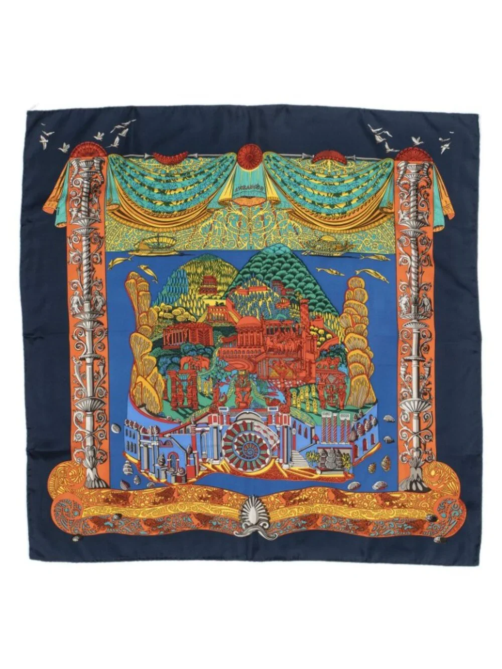 ★SOLD★ Hermes Scarf Navy Green Red Silk - Picture 2 of 5